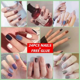 【With Glue+Gift】24Pcs DIY Fake Nails French Finger Nail Art False Nail COD