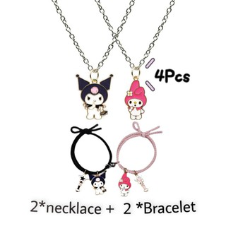 （in stock） 4Pcs Cartoon Couple Bracelet Couple Necklace Kuromi and Melody Jewelry Cute Pendant Bangles for Valentines day Surprise Gifts Ferfect (1)