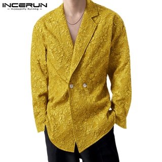 INCERUN Men Fashion Printed Long Sleeve Double breasted Turn-down Collar Blazer