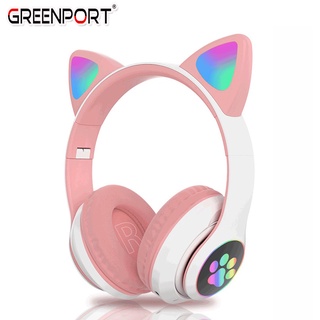 Greenport B39 Cat Headphone Wireless Bluetooth headfon Cat Ear Headset Colorful LED with mic alat dengar
