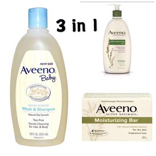 ( 3 in 1 ) Aveeno Daily Moisturizing Lotion 591ml + Baby Wash & Shampoo 532ml + Bar 100g