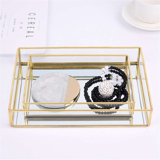 Storage Gold Rectangle Glass Makeup Organizer Tray Dessert Plate Jewelry Display Home Kitchen Decor (6)