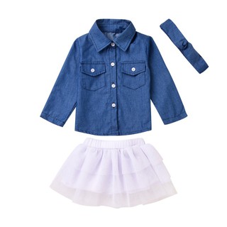 Baby Girls Denim Sets Long Sleeve Shirt+Mesh Dress+Headband (1)