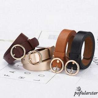 Popu-Unisex Solid Color Belt Round Buckle Soft Leather Wear Resistant Fashion Retro Classic Waistband