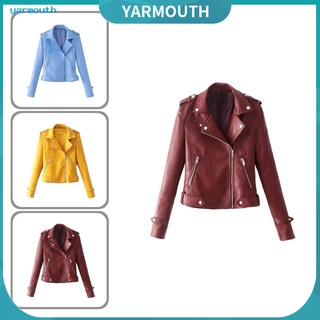 YYR_ Solid Color Women Faux Leather Lapel Motorcycle Jacket Long Sleeve Zip Up Coat