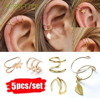 FORBETTER Women Clip Earrings Fake Non-Piercing Ear Cuffs Cartilage 5Pcs/Set Gold Leaf Men Fashion Clip On Cartilage Earrings/Multicolor