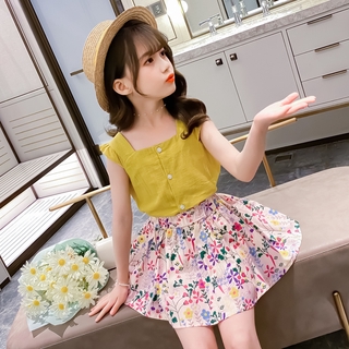 LOVE 2pcs/set Fashion Girl Suit Baby Kids Clothes Set Sleeveless Tops + Floral Skirt Summer Girl Costume