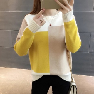 Sweater Women Winter Warm Knitted Pullover Sweater Contrasting Colors Long Sleeve Top Round Neck