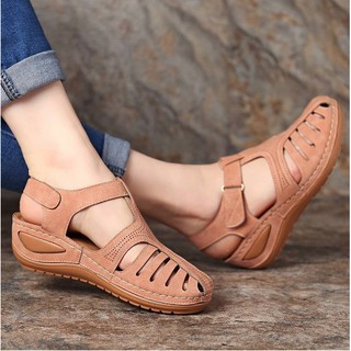 Women Soft Sandals Comfortable Leather Hollow Velcro Casual shoes Fashion Non-slip Large Size Anti slip Wedge sandal