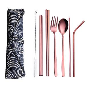 8pcs Set Metal Drinking Straw Chopsticks Fork Spoon 304 Food Stainless Steel Tablewear Tool W/ Pouch