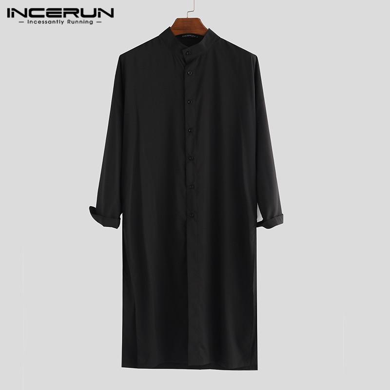 INCERUN Men's Casual Long Sleeve Solid Kaftan Long Shirts