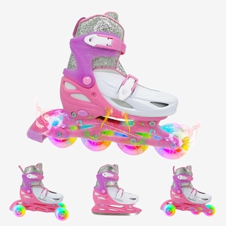 best☋✢☞2020 4 in 1 Adjustable Inline Skates Kids Flashing Roller Skates Four Roller Skates Outdoor C