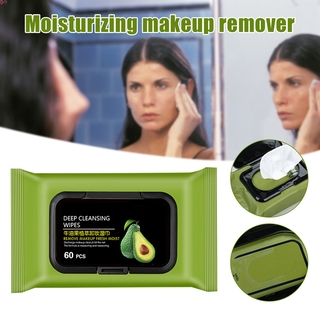 60Count/Pack Avocado Makeup Remover Wipes Pure Cotton Gentle Deep Cleansing Facial Makeup Remover