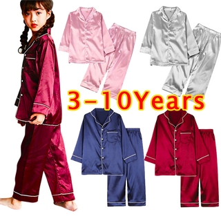 COD Ready Stock Kids Pajama Terno Sleepwear Long Sleeve Silk Pajamas Christmas Color Silk Sleep Wear