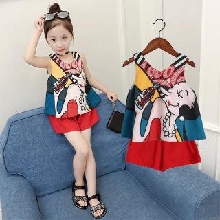 YESBABE Girl Clothes Set Cacual Summer Cartoon Print Vest +Shorts