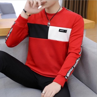 Ready Stock№Splice Grey Black Grey Crew Neck Fitted Cotton Men’s Oneck Long Sleeves Blouse Long Slee