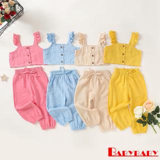 ☞❀❤♕GOA1-6Years Baby Girl Clothing Solid Color Sleeveless Sling Casual Button 2pcs/Set Outfit