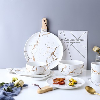 Best Gold Marble Glazes Ceramic Party Tableware Set Porcelain Breakfast Plates Dishes Noodle Bowl