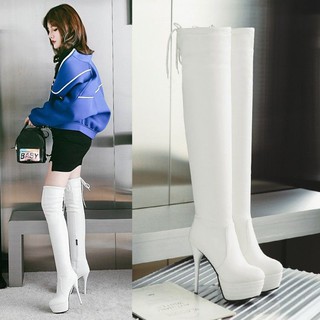 ◙●₪2018 autumn and winter large size high boots women shoes nightclub sexy super heel stiletto white over the knee long