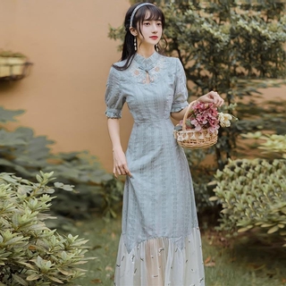 Short sleeve standing collar cheongsam improved dress 2020 summer new French style retro minority gentle girl dress