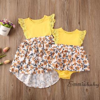 ♪Emm-Baby Girl Summer Clothes Sleeveless Floral Romper Dress Sister Sundress Outfit