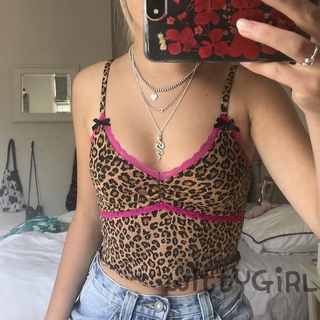 W[]-Women’s Fashion Leopard Camisole Summer Sexy Bow Lace Edge V-neck Slimming Tube Top (1)