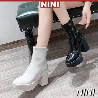 European Boots Women's British round Head Chunky Heel Platform Dr. Martens Boots Patent Leather Short Boots【NINI】