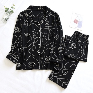 Abstract painting pajamas men's autumn New polo collar women's cardigan loose air Cotton couple homewear suit fashion