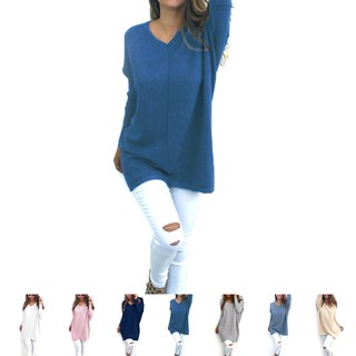Solid V-neck Women Autumn Sweaters Long-sleeve Pullovers Winter Tops Loose