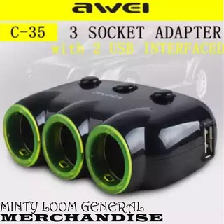 Awei C 35 Multi Function Universal Car Charger 3 Socket Adapter With 2 Usb Port Original