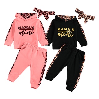 Infant Baby Girl Long-sleeved Trousers Suit Letter Hooded T-shirt Leopard Stitching Long Pants