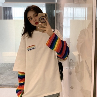 Autumn Wear Rainbow Striped Fake Two-Piece Long SleeveTWomen's Korean-Style Loose T-shirtinsTop Spring Bottoming Shirt
