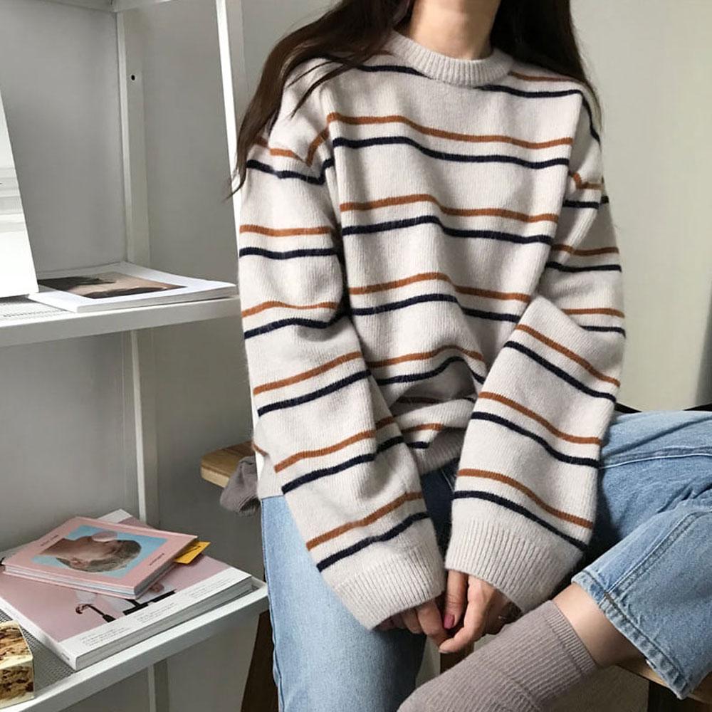 Women Korean Fashion Round Neck Striped Sweater Loose Long Sleeve Knitted Pullover (1)