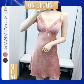 UNLIMON Pajamas Women Silk V Neck Nightdress Sleeveless Lace With Pad
