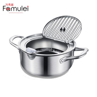 Famulei 304 Stainless Steel Japanese Deep Frying Pot with Thermometer and Lid Kitchen Tempura Fryer