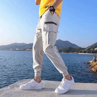 Korean Men's Functional Overalls Cargo Pant Casual Multi Pockets Sports Casual Pants Straight Slacks Jogger Cargo Summer Thin Quick-drying Sweatpants Men's Ice Silk Nine-cent Trousers