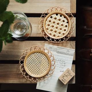 Coaster Bamboo Coaster Hand-woven Ins Lace Hollow Tea Pad Insulation Wooden Plate Coaster (1)