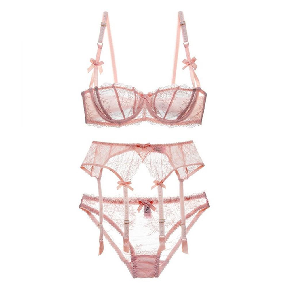 Dropshipping Varsbaby Sexy lace Lingerie set transparent bra sets with garter half cup underwear V307 (1)