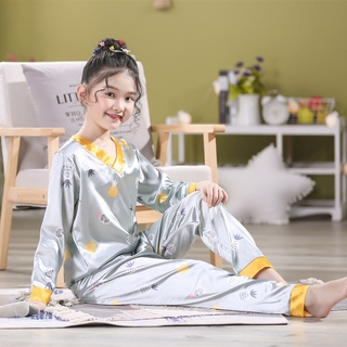 Children's Pajamas Set Summer Girls Terno Long Sleeve Ice Silk Pyjamas Casual Homewear Sleepwear Nightwear Baju Tidur (8)