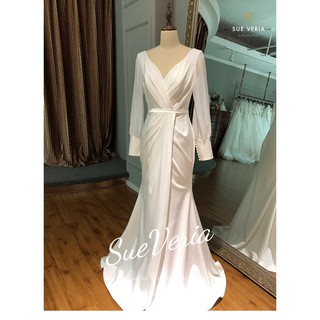Light wedding dress, satin, simple deep V-neck, long sleeve, forest style travel photo, bride's evening dress 1 (9)