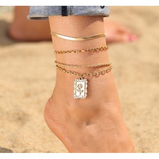 【Q2D2610】4 pcs/set multi-layer snake bone chain rose tag anklet new alloy beach anklet set