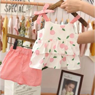 【Superseller】Children Baby Girls Casual Fruit Pattern Strap Sleeveless Tops Vest+Shorts Suits Costume Set 0-3 Years Old