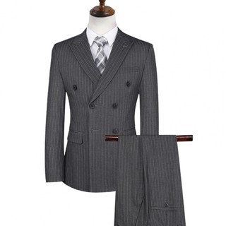 2Pcs New Men Business Suit 2021 Double Breasted Striped Lapel Formal Blazer Pants Suit Set Costume