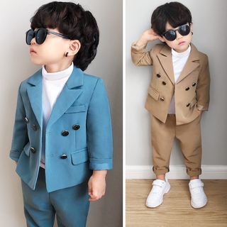 Spring Autumn Child Double Breasted Suit Set Boys Pure Color Blazer Pants 2pcs Clothing Set Kids Hos