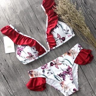 【M&M】#492/#232 Korean Fashion Cranberry Stripe Sexy Falbala Plain Bikini Padded Swimwear (1)