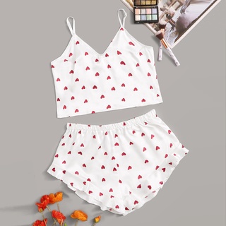 ^~denises~^Women Heart Print Satin Camisole Pajamas Ruffled Flounce Shorts Lingerie Set