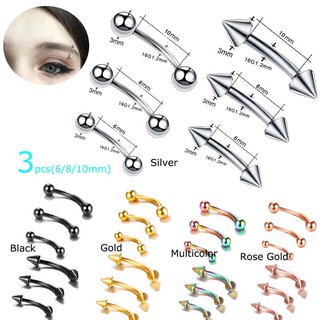 3pcs Stainless Steel Curved Barbell Eyebrow Piercing Ring 20Gauge