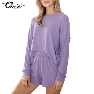 CELMIA Women Casual Long Sleeve Round Neck Knitted Loose Pajama