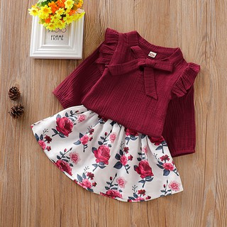 Toddler Baby Girls Long Sleeve Solid Ruffles T-Shirt Tops+Floral Skirts Outfits