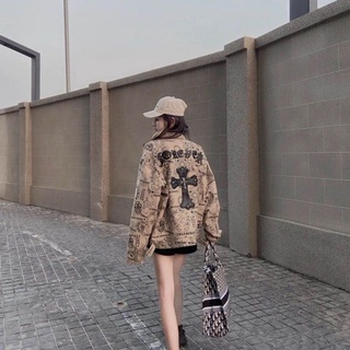 Cross embroidered retro denim jacket print loose coat top trendy women's clothing ins spring hip hop street y2k college